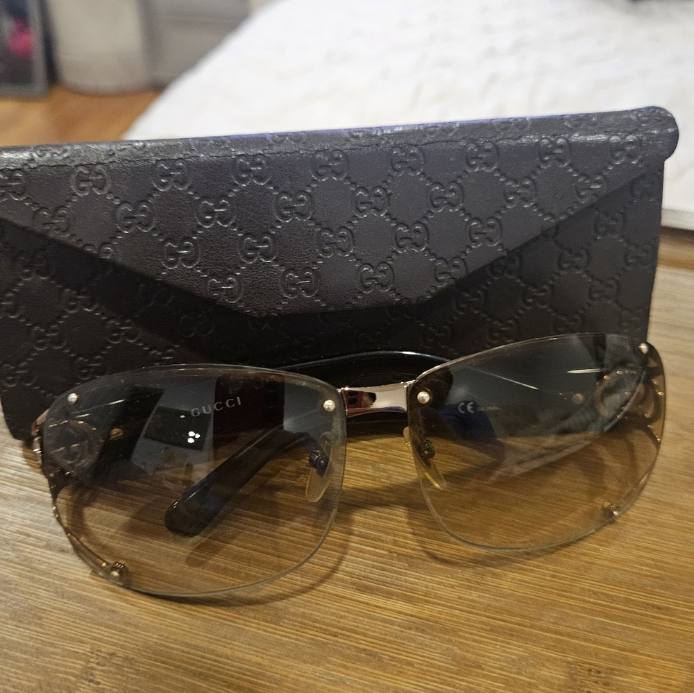 Gucci Black and Brown Sunglasses with Embossed Case